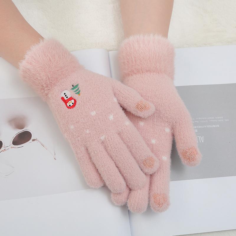 Touch screen gloves women's autumn and winter cute knitted cartoon plush thickened wool finger gloves winter riding warm