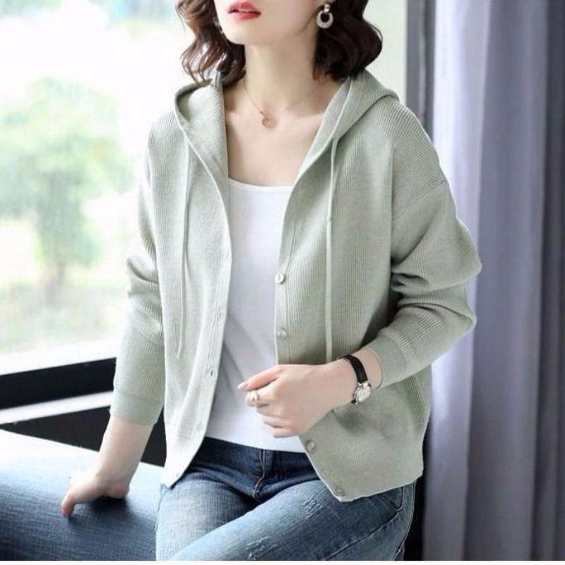Autumn Winter Solid Color Loose Casual Buttons Knitting Coat Women Simple All-match Cardigan Hooded Top