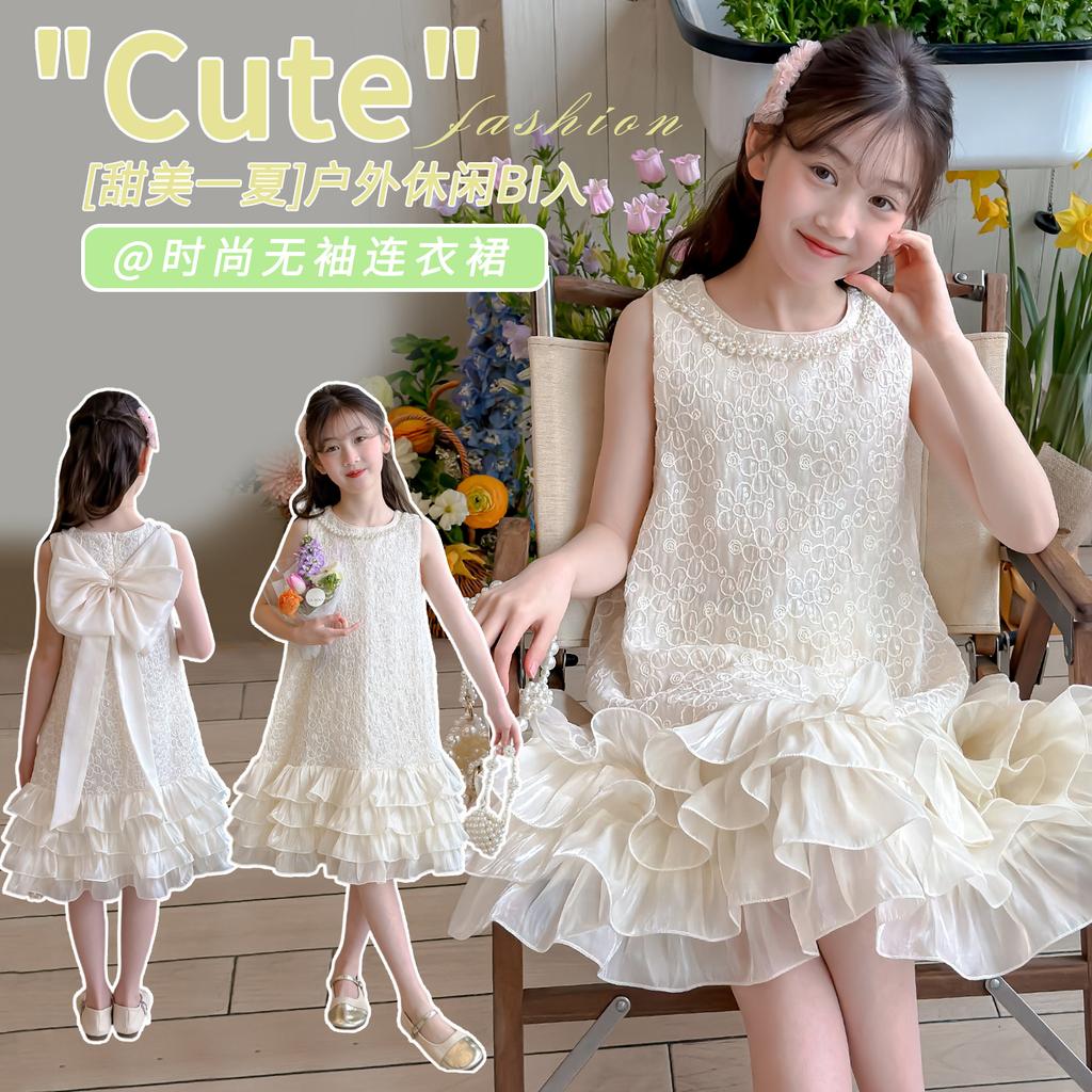 Princess style sleeveless dress 2026 new girls' summer cake skirt with ruffled edges and thin lace stitching