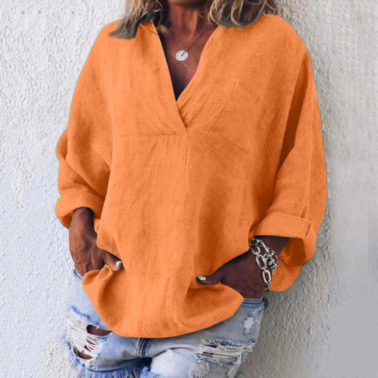 Lässiges Leinen Baumwolle V-Ausschnitt Langarm Pullover Top Damenmode