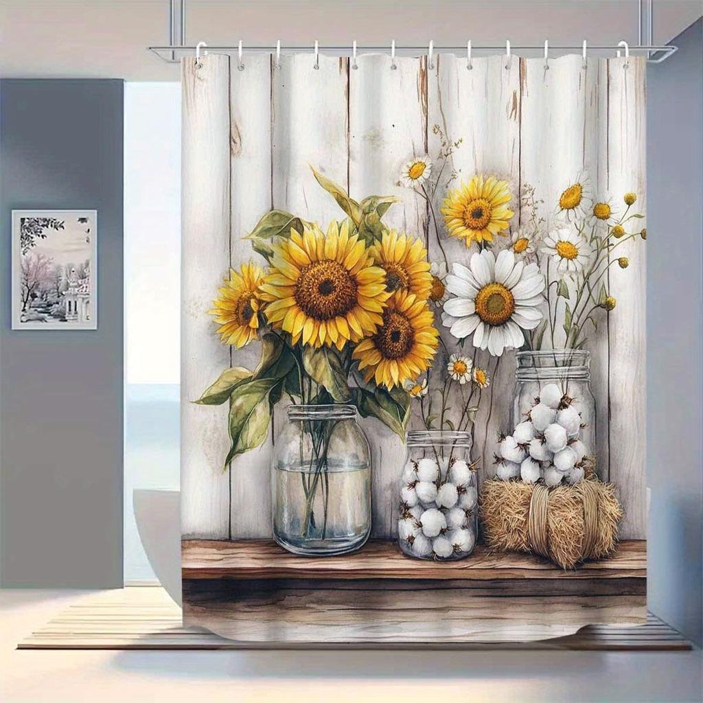 One Sunflower Shower Curtain, Machine Washable, Includes 12 Hooks, Ideal for Decorating a Bathroom Or Bathtub.