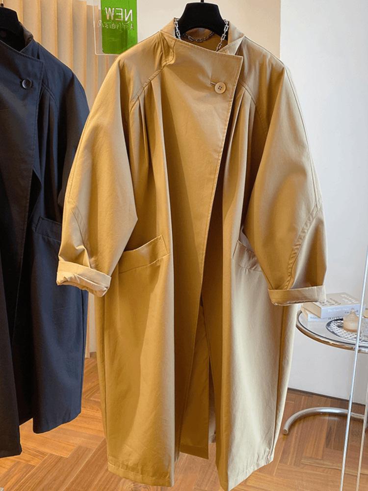Korean Style High-End Stand-Up Collar Loose Mid-Length Trench Coat for Women