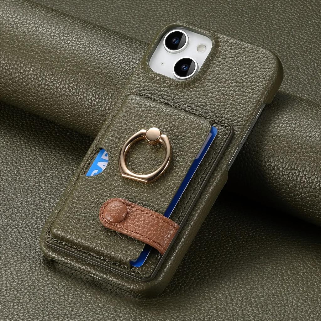 Leather Ring Support Phone Case for IPhone 16E 16 15 14 13 12 11 Pro Max X XR 7 8 Plus Wallet with Card Holder Shockproof Cover