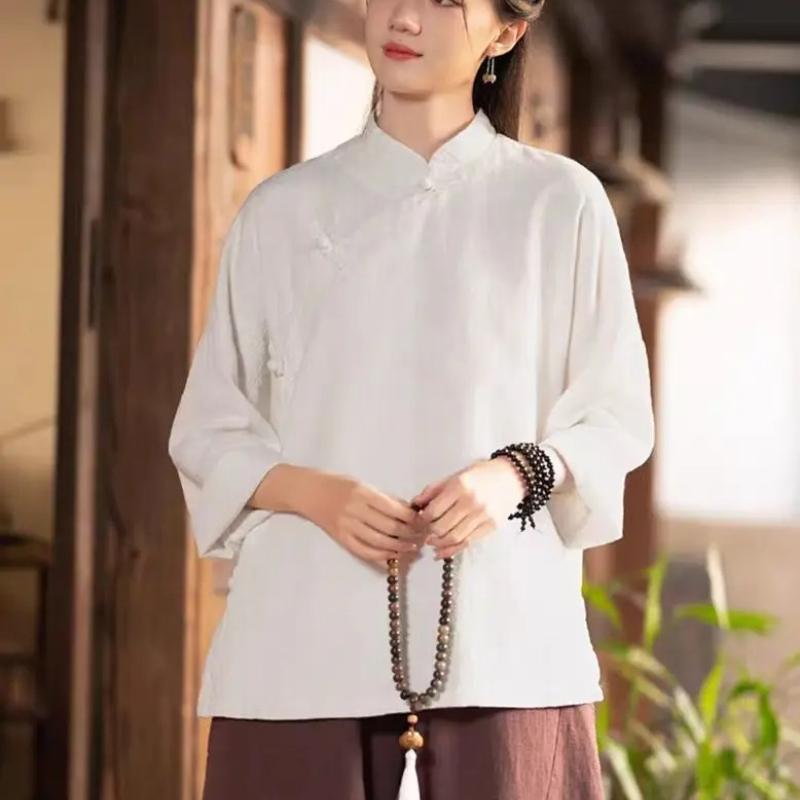 Cotton Linen Tops Chi-pao Collar Design Women Date Girls Elegant Retro Red White Shirt Blouse Vintage