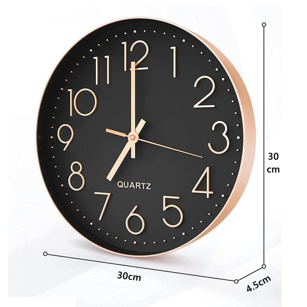 12 Inch Modern Plastic Stylish Non Ticking Silent Analog Wall Clock for Home, Living Room, Bedroom, Office, and Kitchen (Black & Rose Gold)
