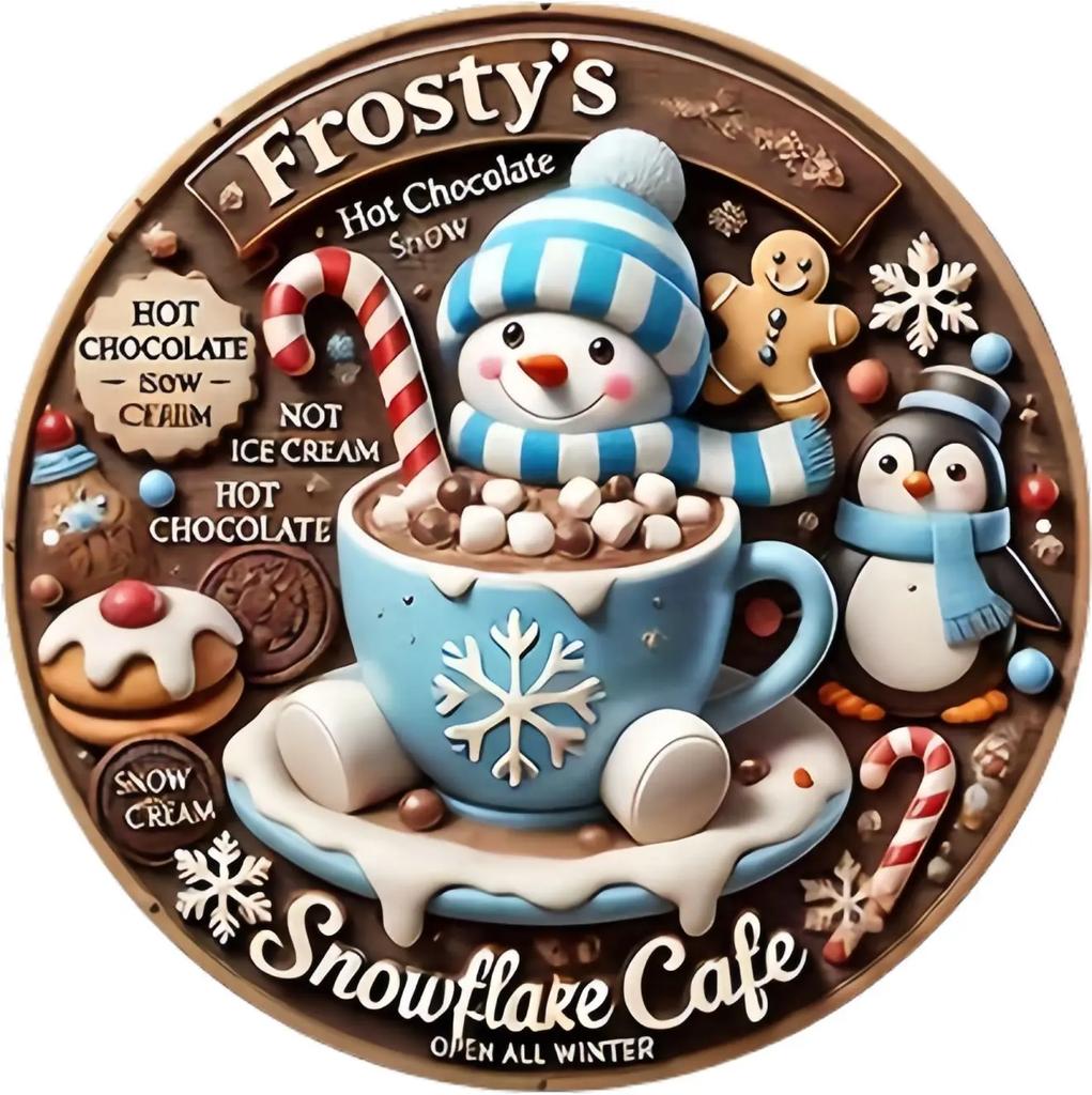 Round Metal Tin Sign Art Painting Wreath Decorative Plates Cartoon Snowman Christmas Poster for Home Garden Garage Wall Decor