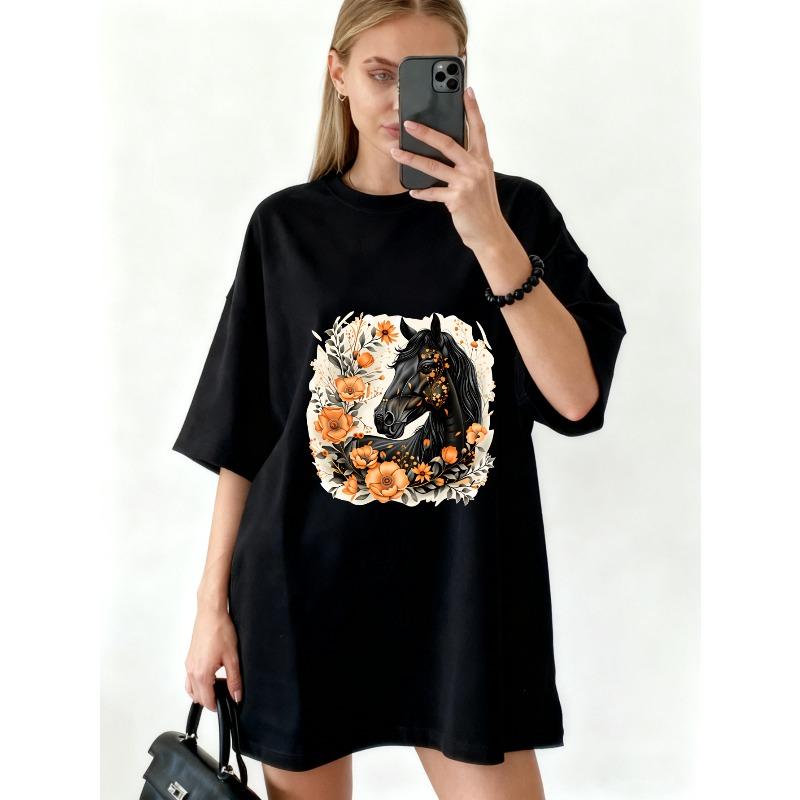 Black Oversized T Shirt Dress With Horse And Floral Print For Casual Wear