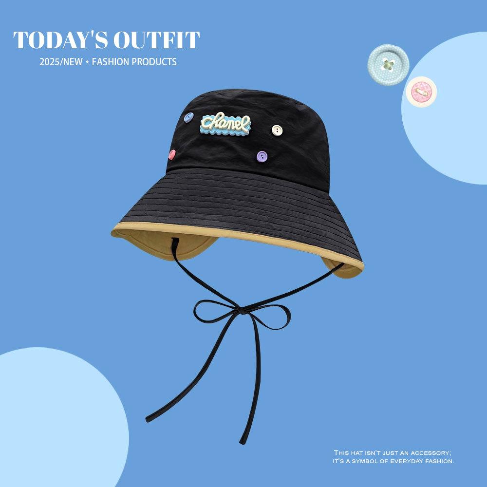 Women's Spring and Summer Travel Japanese Cute Button Quick Drying Letters Fisherman Hat Korean Face Showing Small Sun Protection Basin Hat
