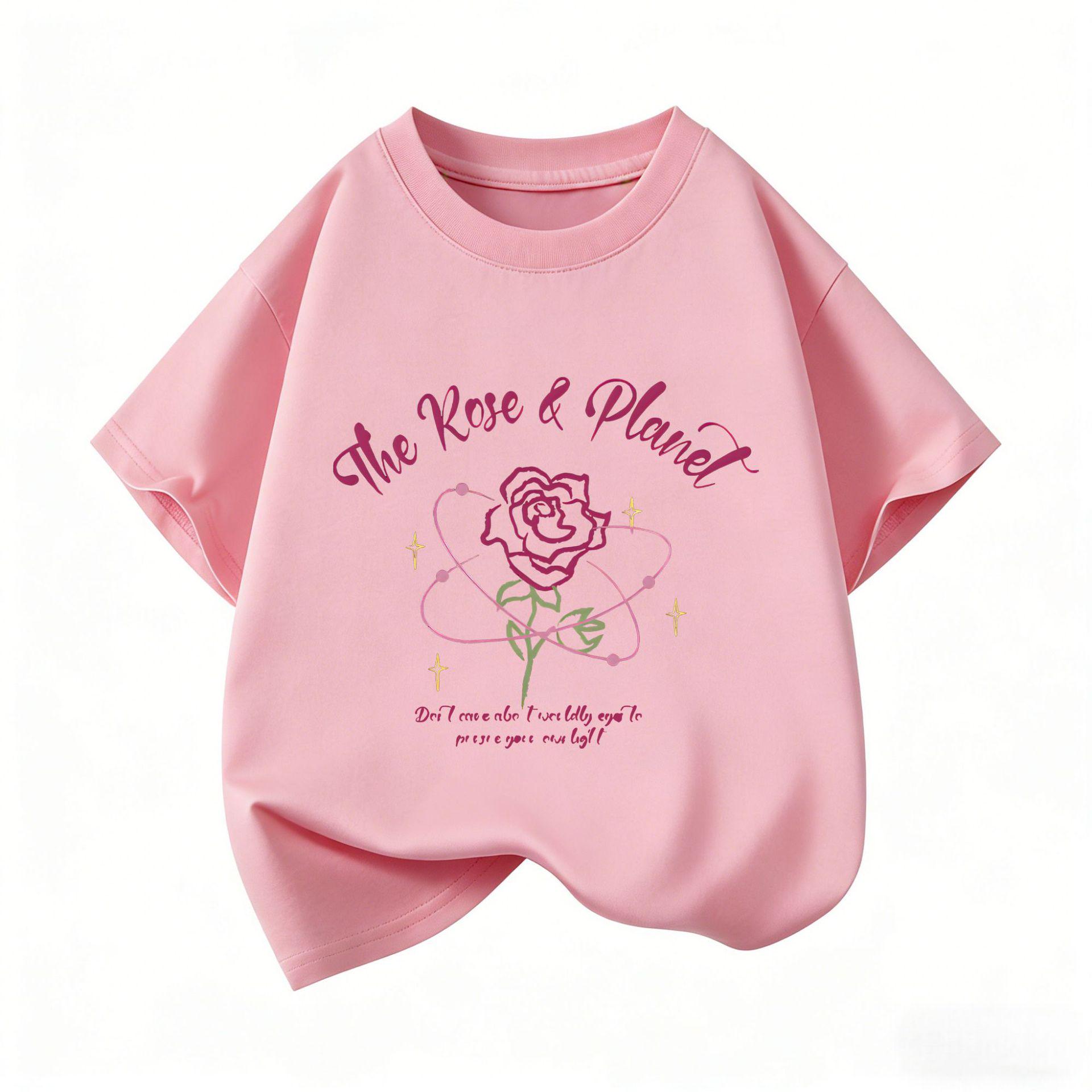 Graffiti Rose Short-Sleeve T-Shirt for Kids - Summer Round Neck Top 130cm розовый