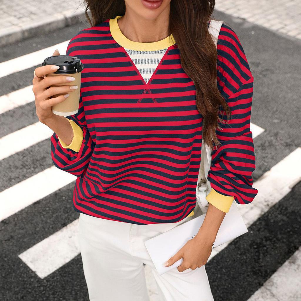 Women Casual Loose Fit Long Sleeve Striped Pullover Sweatshirt Crew Neck Lightweight Comfortable Top for Everyday Wear