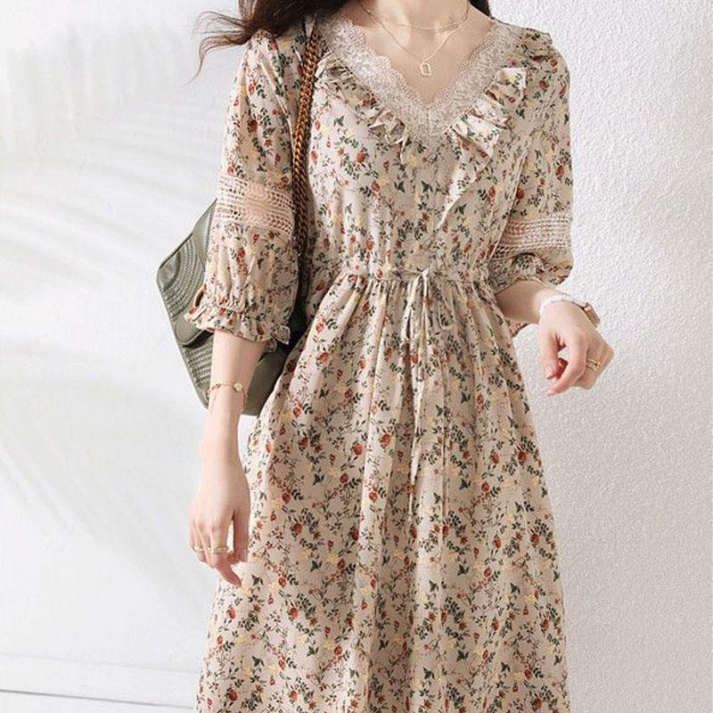 Elegant Broken Flowers A-Line Dresses Vintage Lace V-Neck Spliced Female Clothing Summer Hollow Out Drawstring Waist Midi Dress