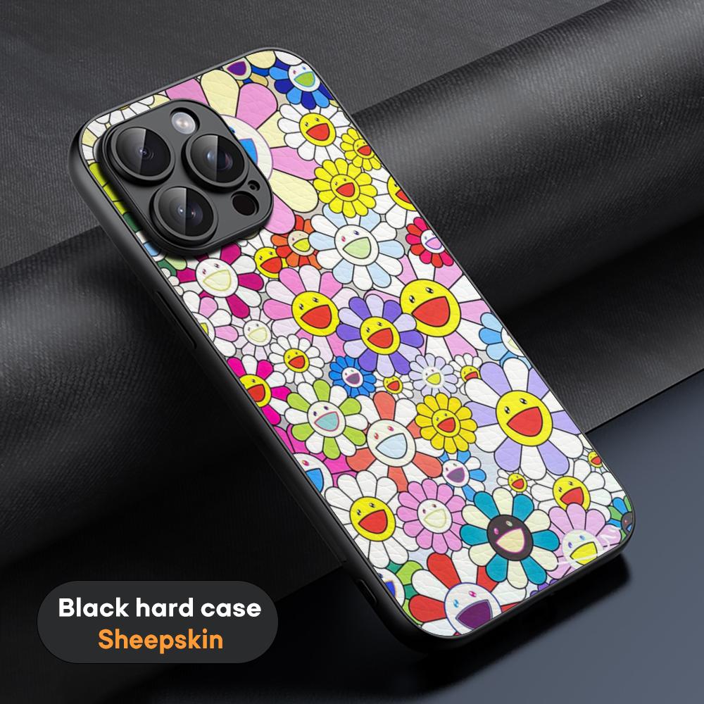 Sunflower Japan Painting M-Murakami Art Phone Case For iPhone 16 15 14 13 12 11 Plus Pro Max Limited Black Hard Case Sheepskin
