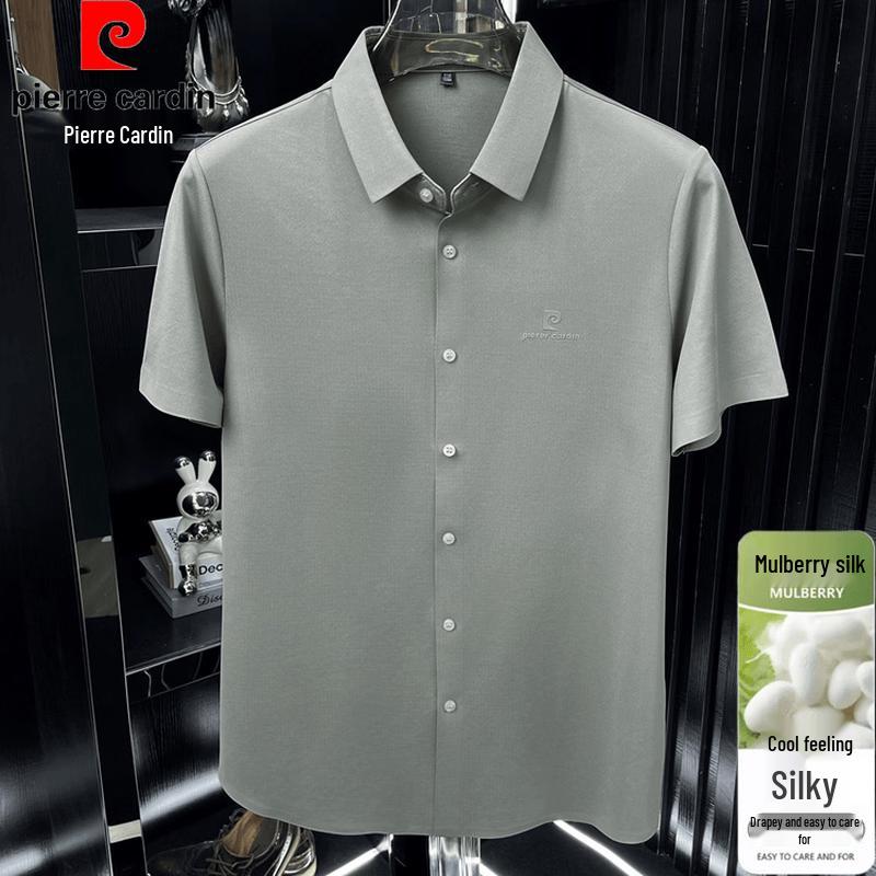 Pierre Cardin Men's Summer Business Casual Mulberry Silk Blend Short Sleeve Shirt