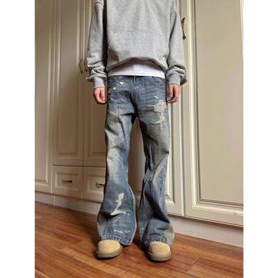 Retro Double Waist Jeans Heren Lente en Herfst Nieuwe Oude Losse Rechte Lange Broek