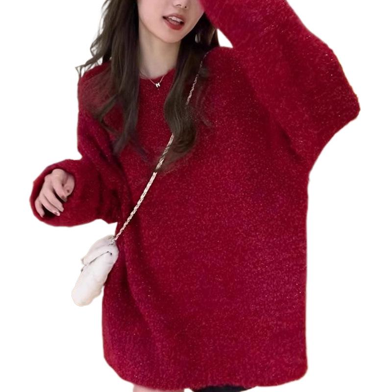 Women's Cherry Red Retro Knit Sweater - Autumn/Winter Loose Fit Long Sleeve Pullover