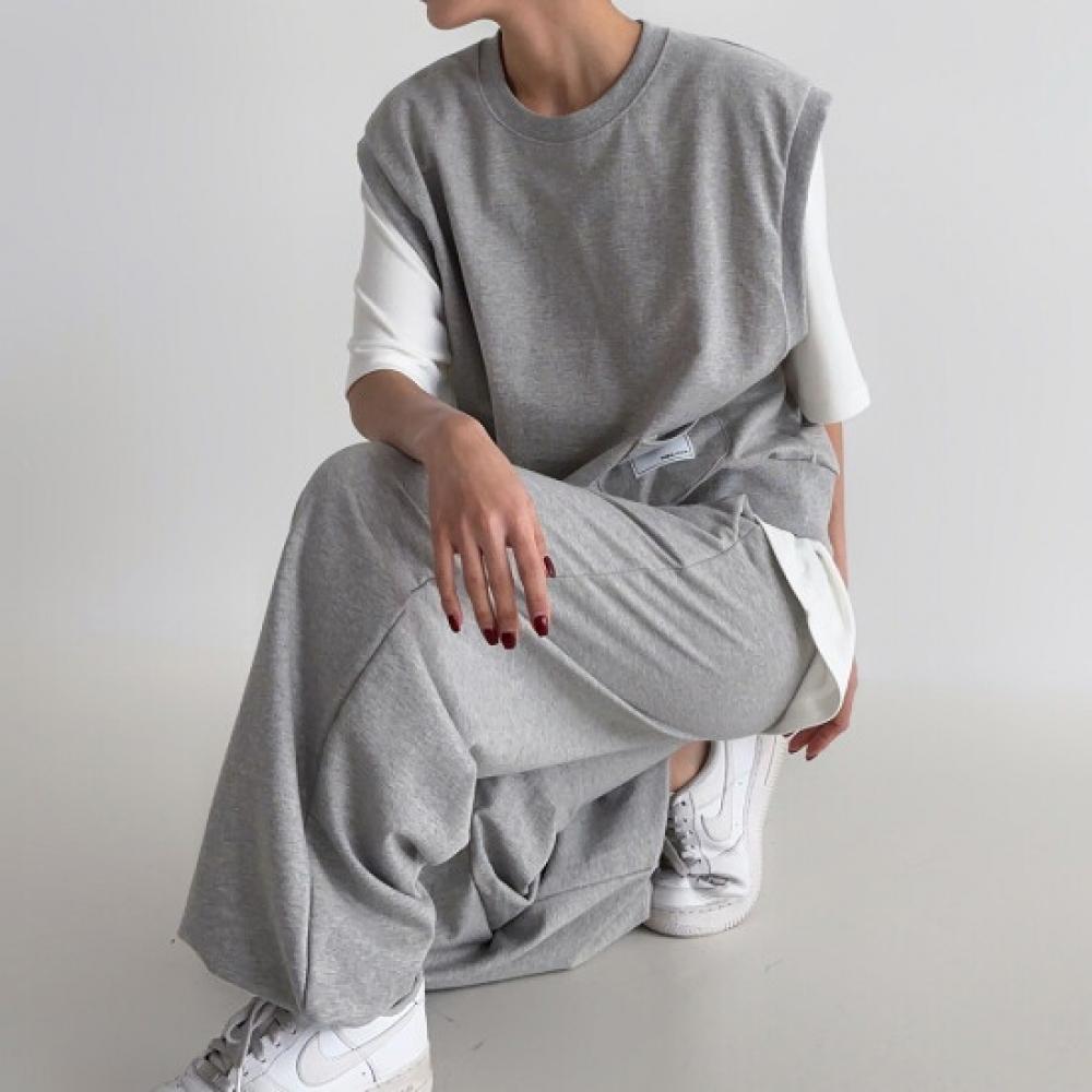 New Arrivals Open Run Sleeveless Vest Round Neck Cotton Wide Pants Set