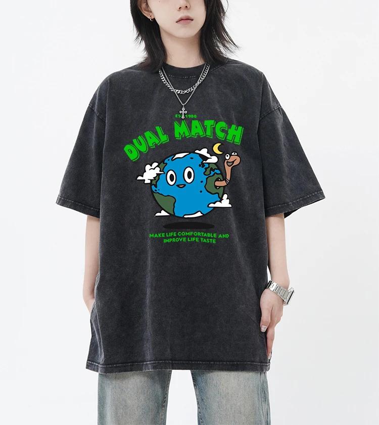 Turtle Planet American Cartoon Printed Retro Tee Shirts Women Casual Breathable Short Sleeve Cotton 0-Neck Washed T-Shirt S разноцветный