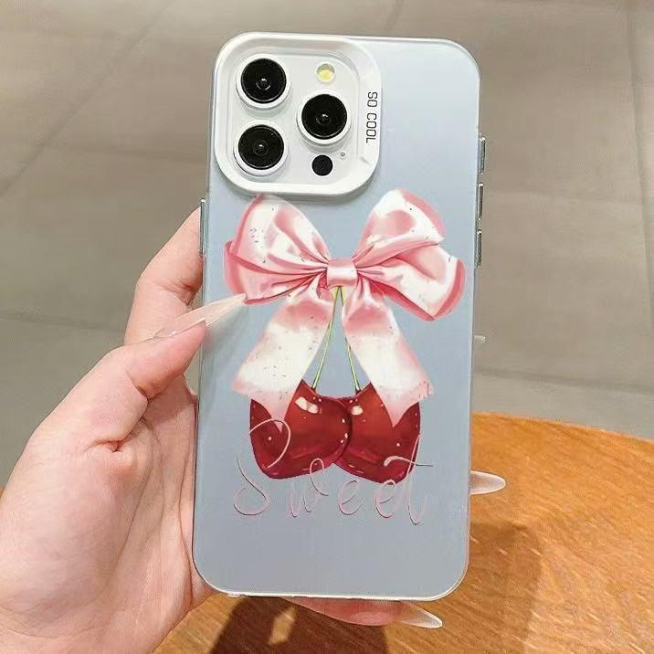 

Cherry Color Silver Shell Bow Phone Case for Apple 17/16/15 Pro, 14 Pro Max, 13/12 Cross 15 Pro