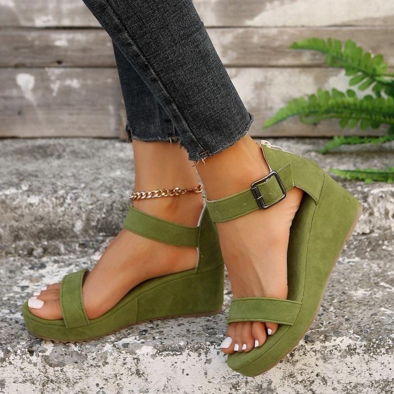 2025 New Solid Color Round Toe Exposed Toe Suede One-piece Buckle Strap Women's Plus Size Wedge Sandals
