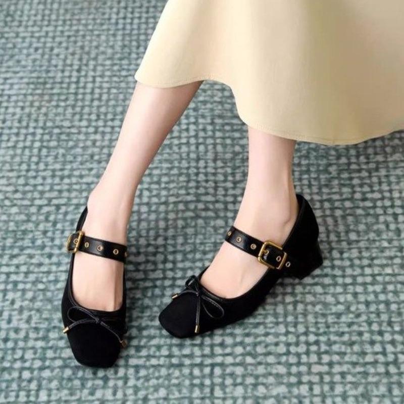 Women's Thick Heel Shoes Spring Square Head Shallow Mouth Suede Butterfly Knot Anti-slip Wear-resistant High Heels