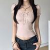 Sweet Button-up Top Women's Summer Cute Slim-fitting Contrast Lace Stitching Bow Square Collar T-shirts Y2K Korean Tees
