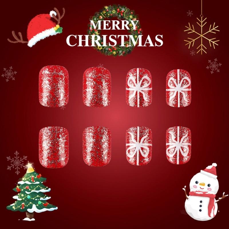 Christmas Snowflake French Nail Set Press on Nails Square Short False Nail Easy Wear for Holiday Parties and Gatherings