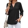Women's Casual Three-Quarter Sleeve T-Shirt V-Neck Cut-Out Solid Color Top with Cufflinks Versatile Commuter T-Shirt