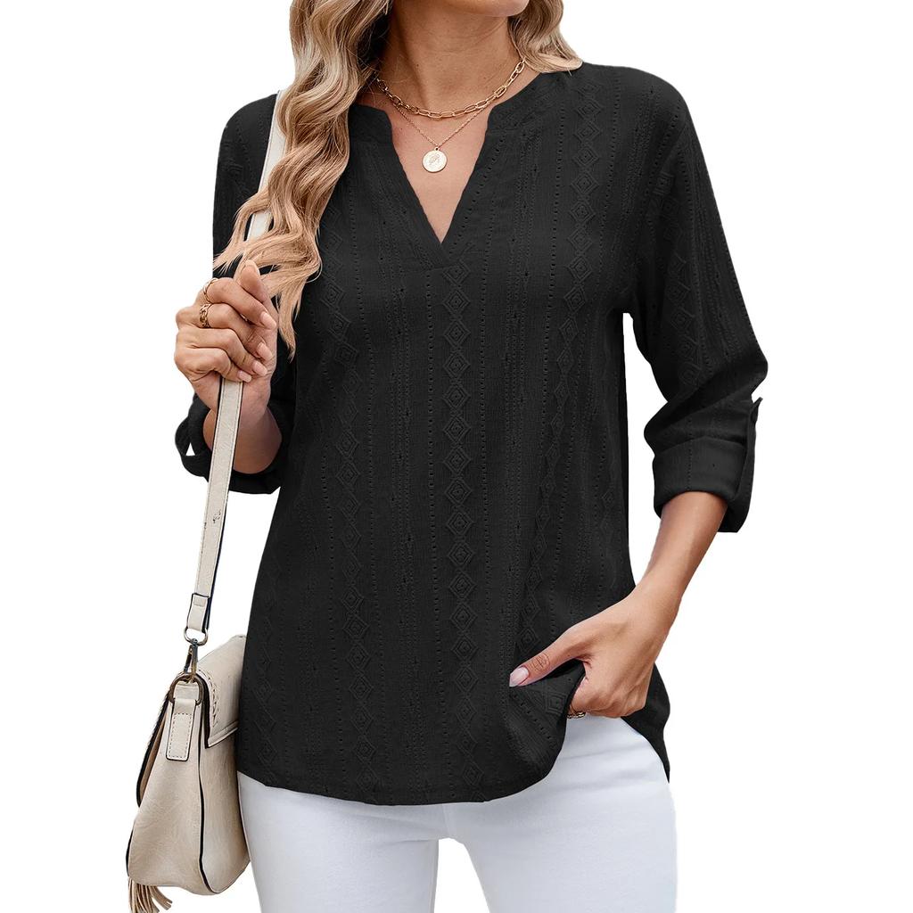 Women's Casual Three-Quarter Sleeve T-Shirt V-Neck Cut-Out Solid Color Top with Cufflinks Versatile Commuter T-Shirt