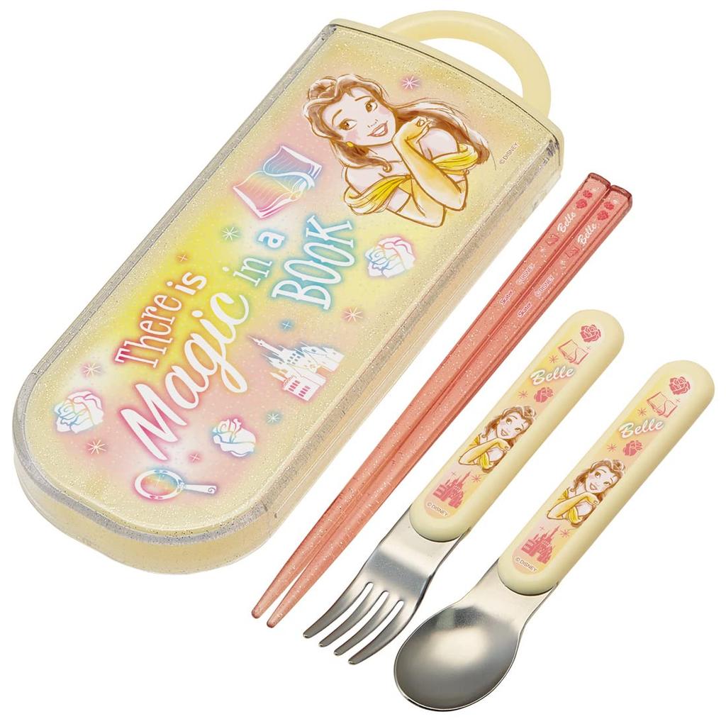 Skater Trio Set of and Disney Size for Made in Chopsticks, Spoon, Fork, Belle, 23, Girls, Antibacterial, Japan, TACC2AG-A