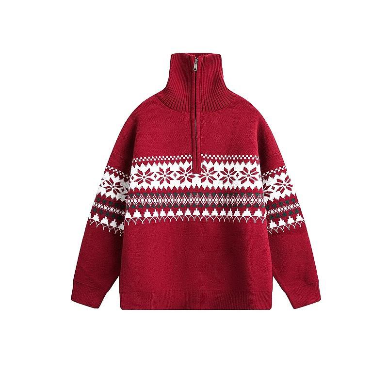 Pull Cardigan Homme Jacquard Fair Isle Fermeture Éclair Demi-Zip Col Montant Noël