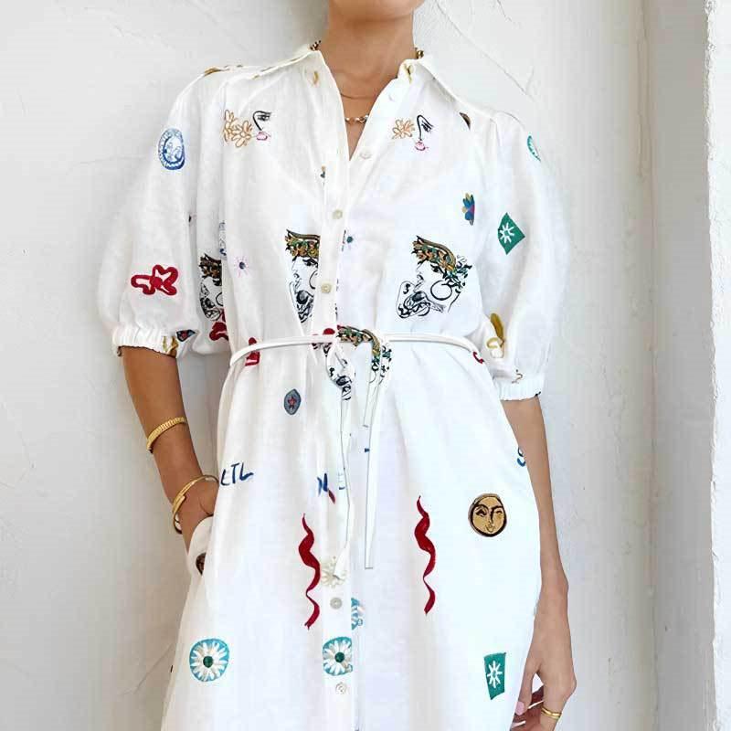 European & American Women's Printed Lapel Long Shirt Dress with Slimming Belt 661 for 2026