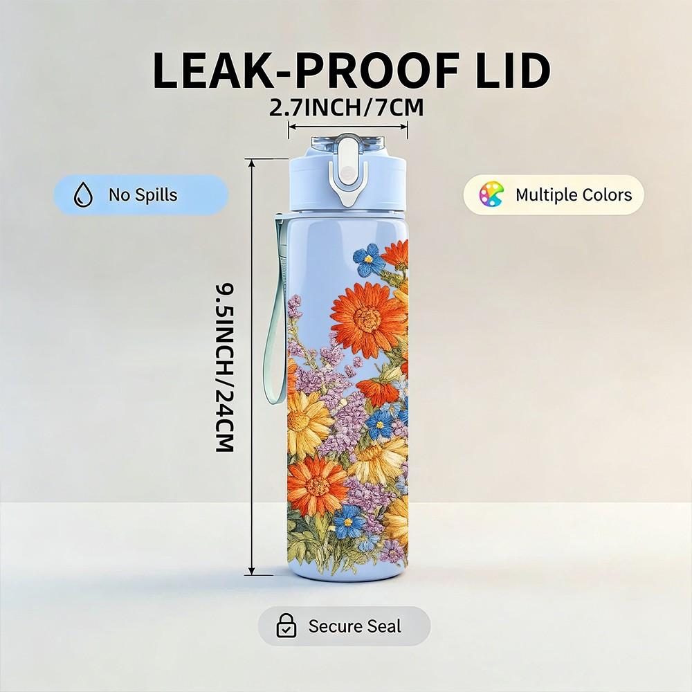 1PC Warm Tone Orange Yellow Flower Print 750ml Color Plastic Sports Water Bottle Leakproof Flip Straw Lid Suitable for Sports Office Home Use