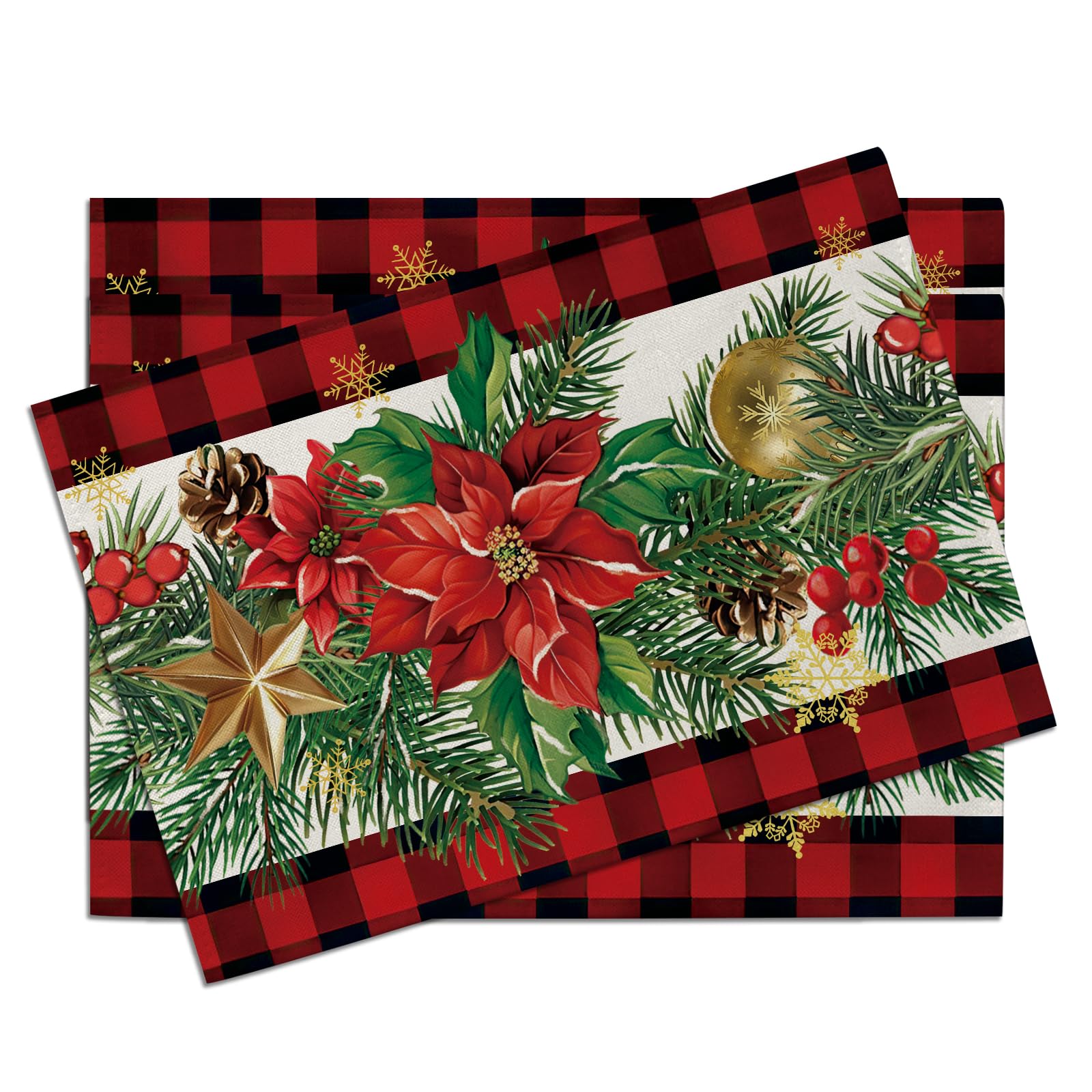 

Christmas Poinsettia Placemats Set of 4, Xmas Pine Branches Cones Holly Berries Leaves Dining Place Mats Table Decor 4Pcs-12 X18