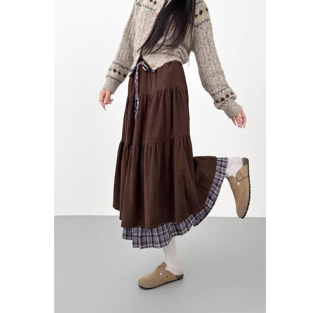 Coffee Corduroy Layered Long Skirt for Plus Size Women - Japanese Style Plaid