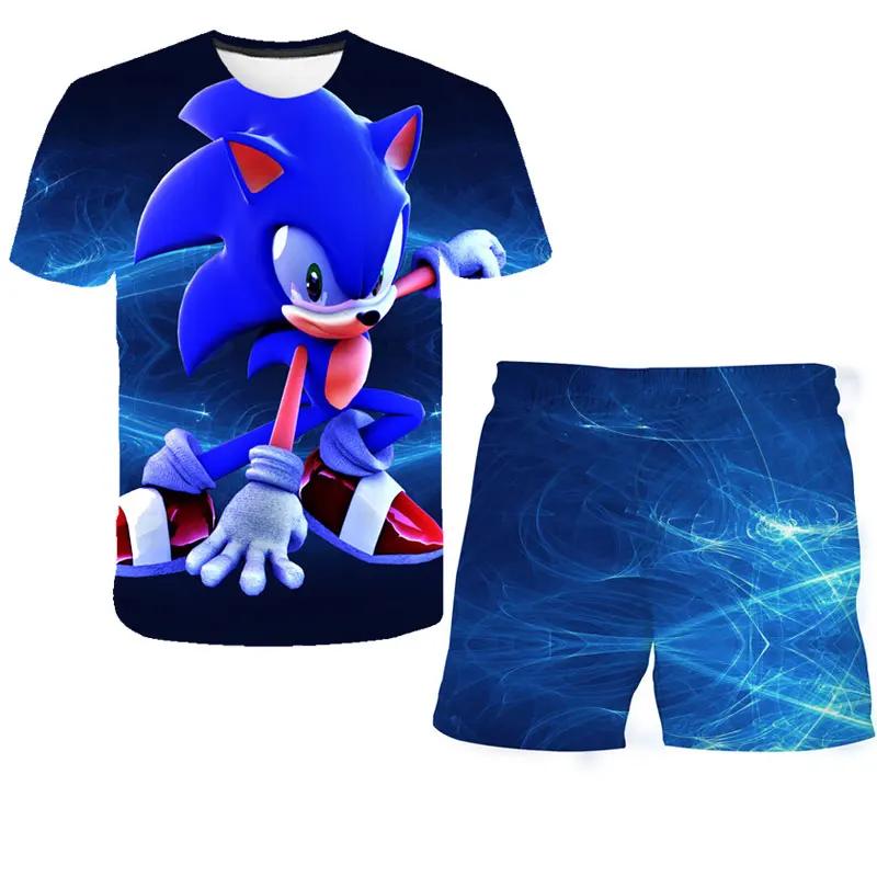 2025 MINISO New boys and girls super sonic Tshirts+shorts  Harajuku Sonic print suit T-shirt + shorts fashion street style children's short sleeves