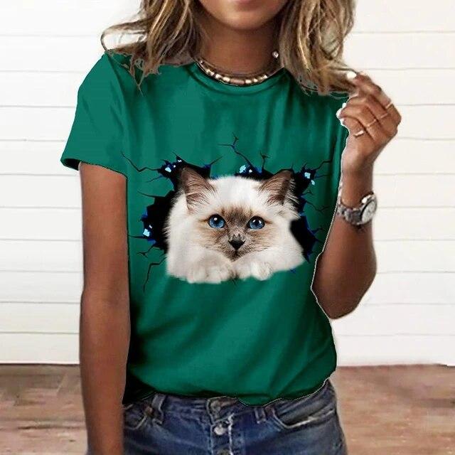 

Забавные женские футболки, летняя кавайная футболка с 3d принтом кота, модный топ с короткими рукавами, женская женская одежда большого размера с круглым вырезом 3XL