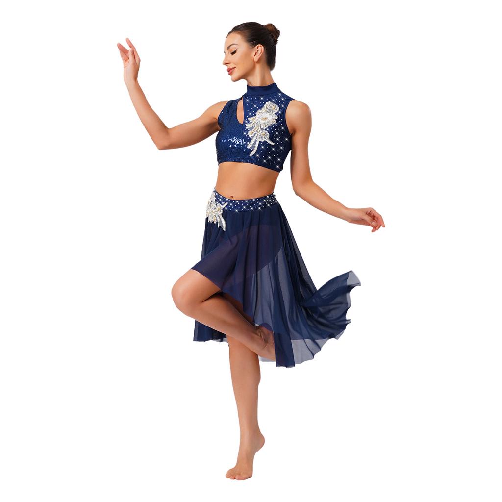 Womens Lyrical Dance Outfits Sleeveless Hollow Out Crop Top Irregular Mesh Hem Briefs Skirt Applique Dancewear Set