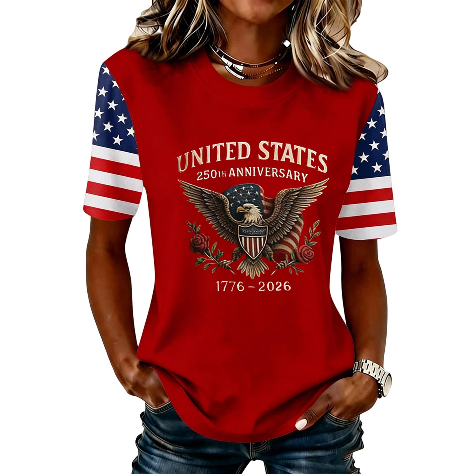 

Women s Casual Short Sleeve Graphic T Shirt United States 250th Anniversary Eagle Print Crew Neck Tee Top Lightweight S красный