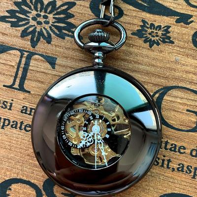 Nostalgic Black Double-Sided Mechanical Pocket Watch with Roman Numerals and Coarse Chain