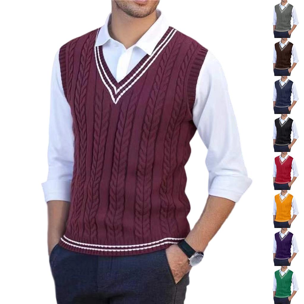 Men's Knitted Sweater V-Neck Twisted Flower Uniform Sweater Vest Knitted Sweater Vest