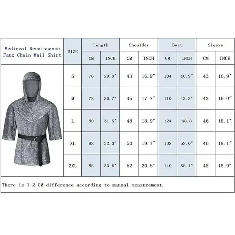 Anime Renaissance Faux Chain Mail Armor Tunic Shirt Coif Medieval Knight Cowl Crusader Costume Outfit Bracers Waist Belt Set