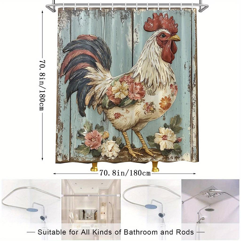 Simple Rooster Shower Curtain - Rural Charm with Flower Decoration Living Room Wall Hanging, Bedroom Decoration - FarmhouseStyle