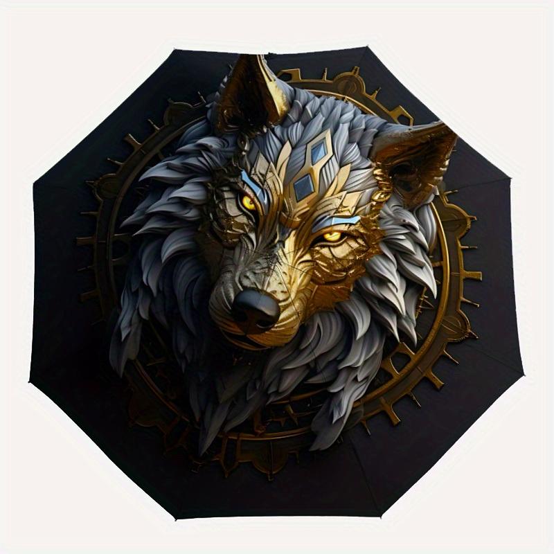 

1pc Wolf Emblem Compact Travel Umbrella, Automatic Folding Lightweight Windproof 8-Bone Reinforced Design, Portable for Backpack Durable Can