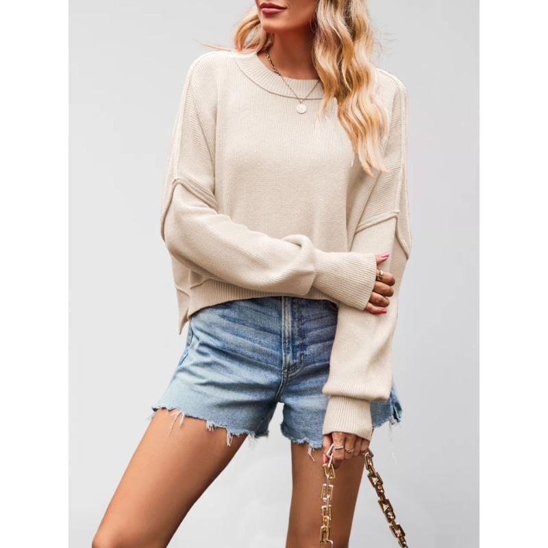 

Autumn and Winter New Women s Fashion Crew Neck Knitted Sweater Solid Color Loose Pullover Sweater L абрикосовый