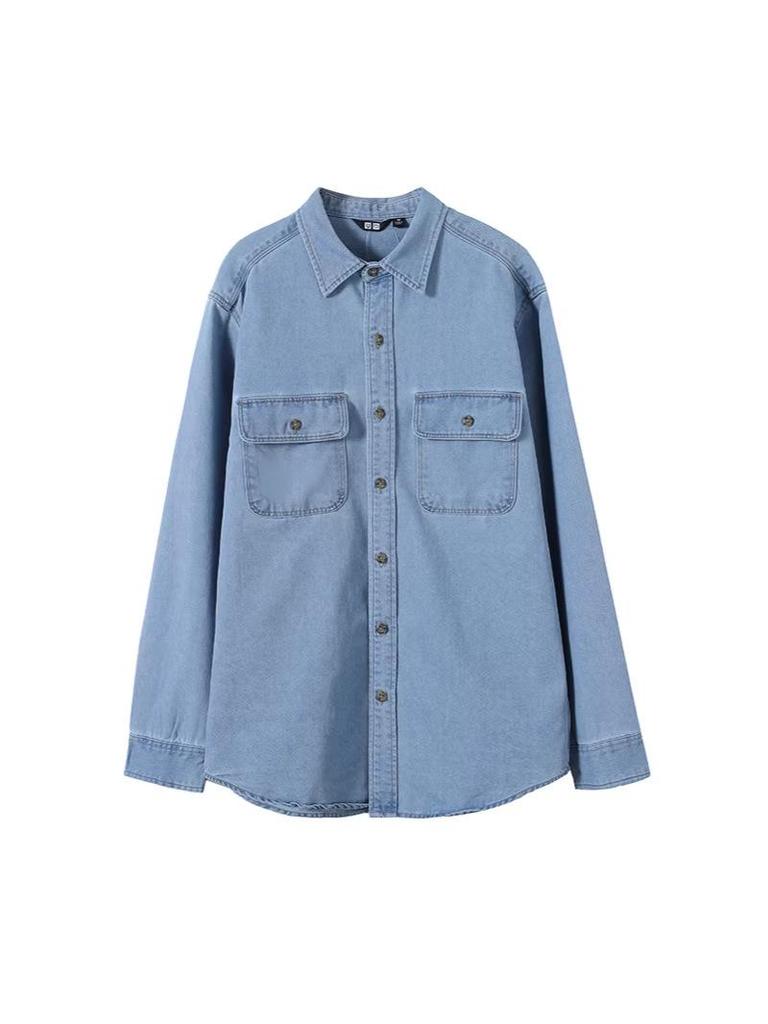 Unisex Washed Denim Long-Sleeve Loose Shirt, Casual Spring/Autumn Outerwear