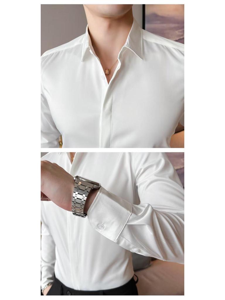 Men's High-End White Satin Long-Sleeve Shirt - Spring & Autumn Fashion