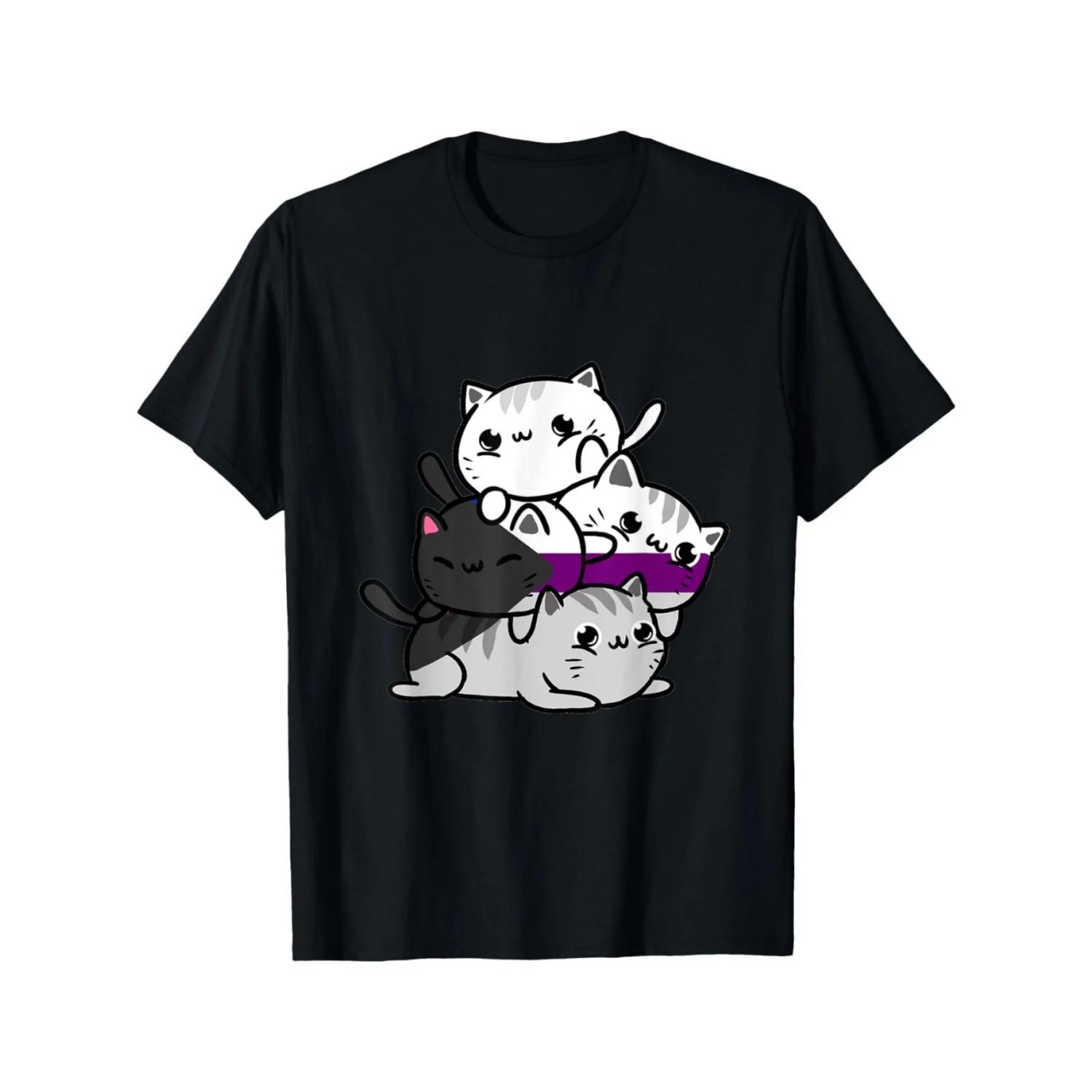 

Women s Summer T-Shirt Casual Crew Neck Top Spring Y2k Kawaii Cat Pile Graphic Print Tee S чёрный