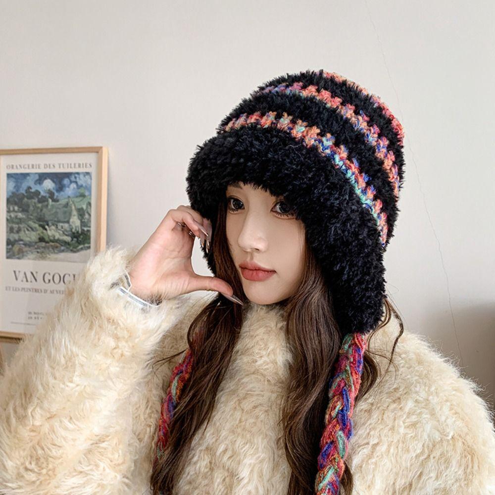 New Soft Autumn and Winter Cap All-match Wool Hat Warm Plush Hats Simple Tassel Warm Caps Elasticity Plush Earmuffs Hats