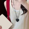 Stylish Long Beaded Necklace Featuring Black Round Dots And Bowknot Love Charm For Casual or Party Wear