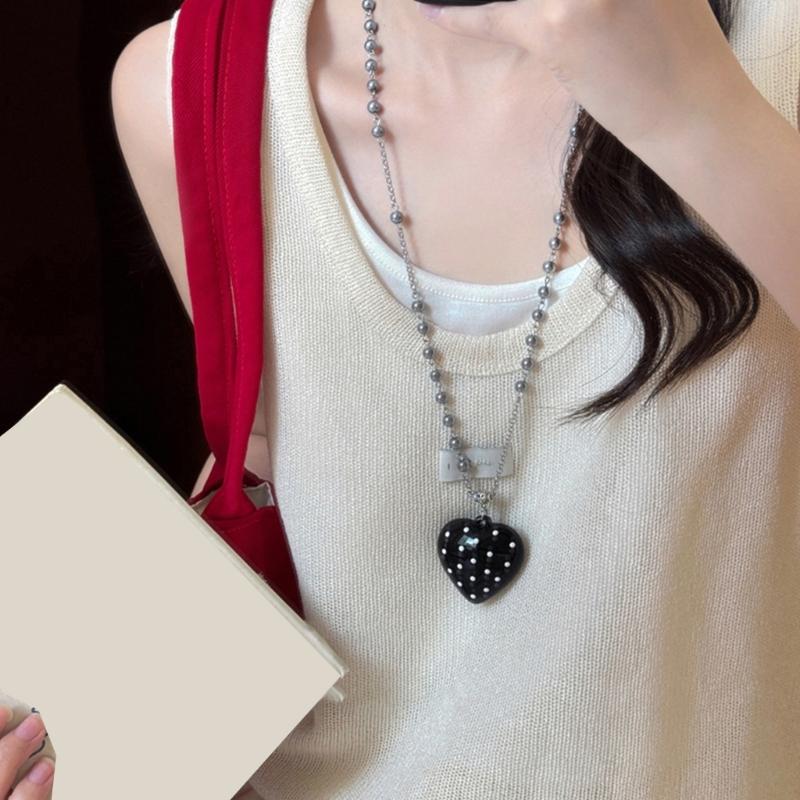 Stylish Long Beaded Necklace Featuring Black Round Dots And Bowknot Love Charm For Casual or Party Wear